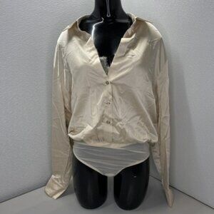 Marciano Women’s Sky Satin Long-Sleeve Button-Up Bodysuit – Neutral Beige 10
